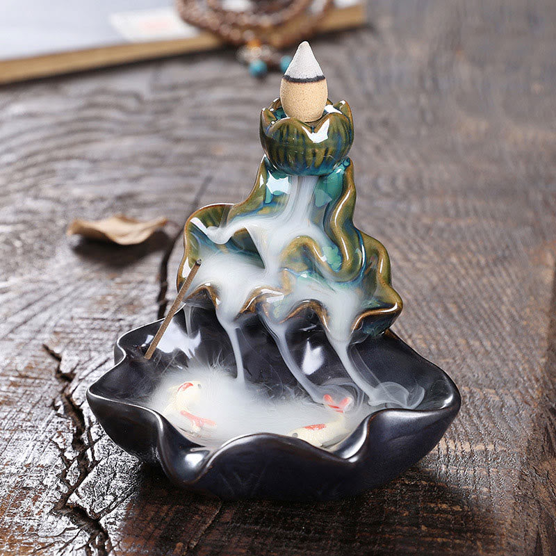 Buddha Stones, foglia di loto, pesce koi, fontana di fumo a riflusso in ceramica, bruciatore di incenso per la pace, decorazione - Blu 11,5*11*10cm - image 1