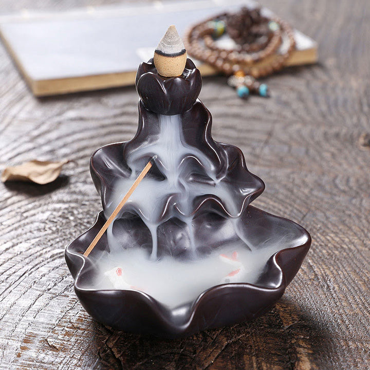 Buddha Stones, foglia di loto, pesce koi, fontana di fumo a riflusso in ceramica, bruciatore di incenso per la pace, decorazione - Nero 11,5*11*10 cm - image 12