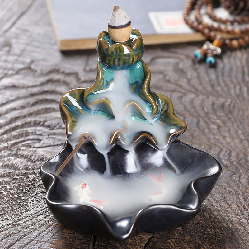 Buddha Stones, foglia di loto, pesce koi, fontana di fumo a riflusso in ceramica, bruciatore di incenso per la pace, decorazione - image 3
