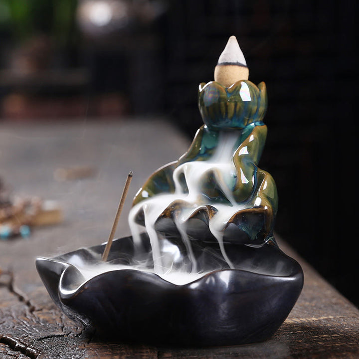 Buddha Stones, foglia di loto, pesce koi, fontana di fumo a riflusso in ceramica, bruciatore di incenso per la pace, decorazione - image 4