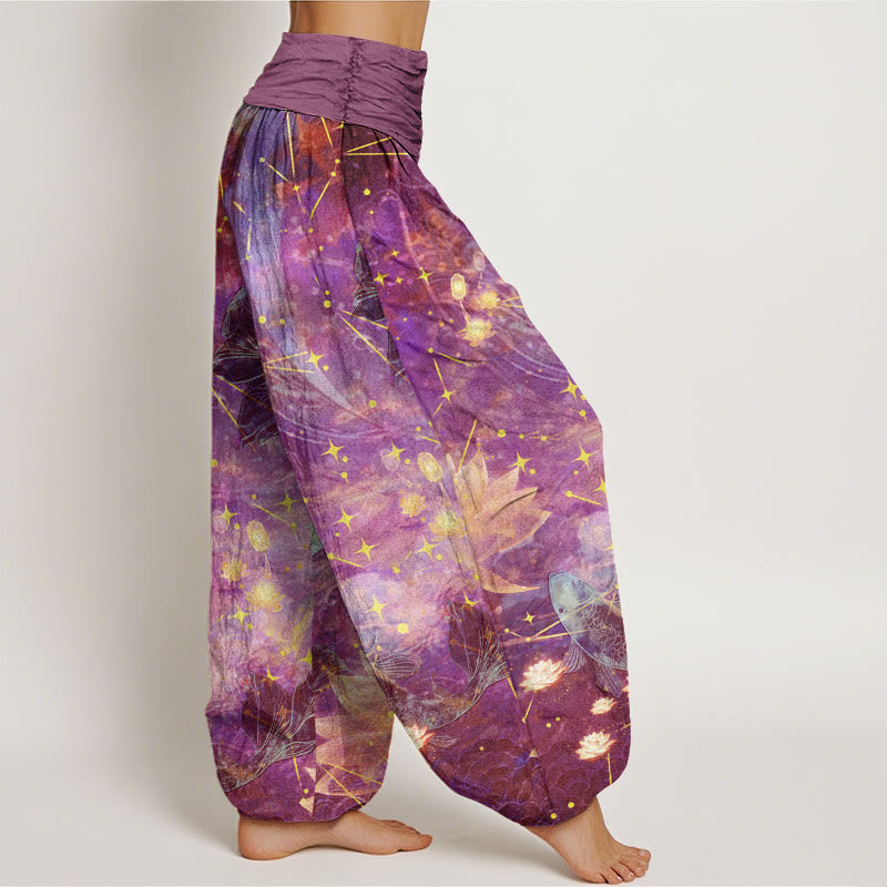 Pantaloni harem da donna con elastico in vita, in cotone, con motivo a pesce koi, loto, luna e stelle, motivo Buddha Stones - image 5