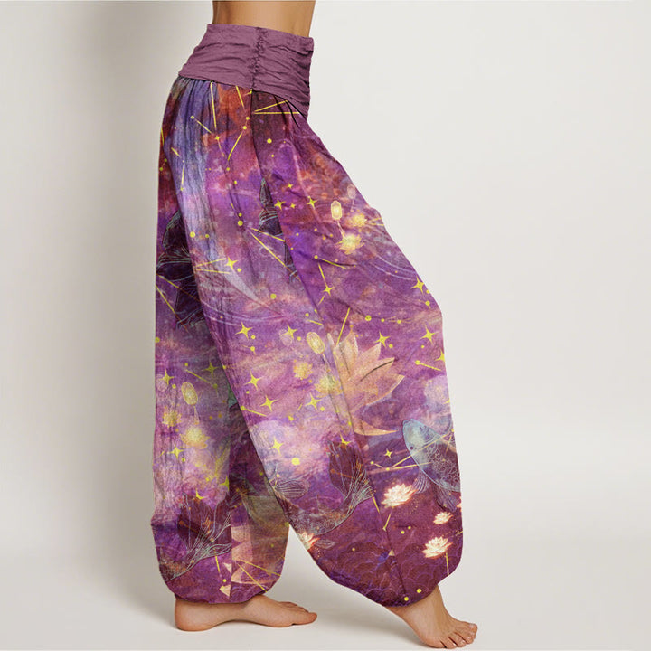 Pantaloni harem da donna con elastico in vita, in cotone, con motivo a pesce koi, loto, luna e stelle, motivo Buddha Stones - image 5