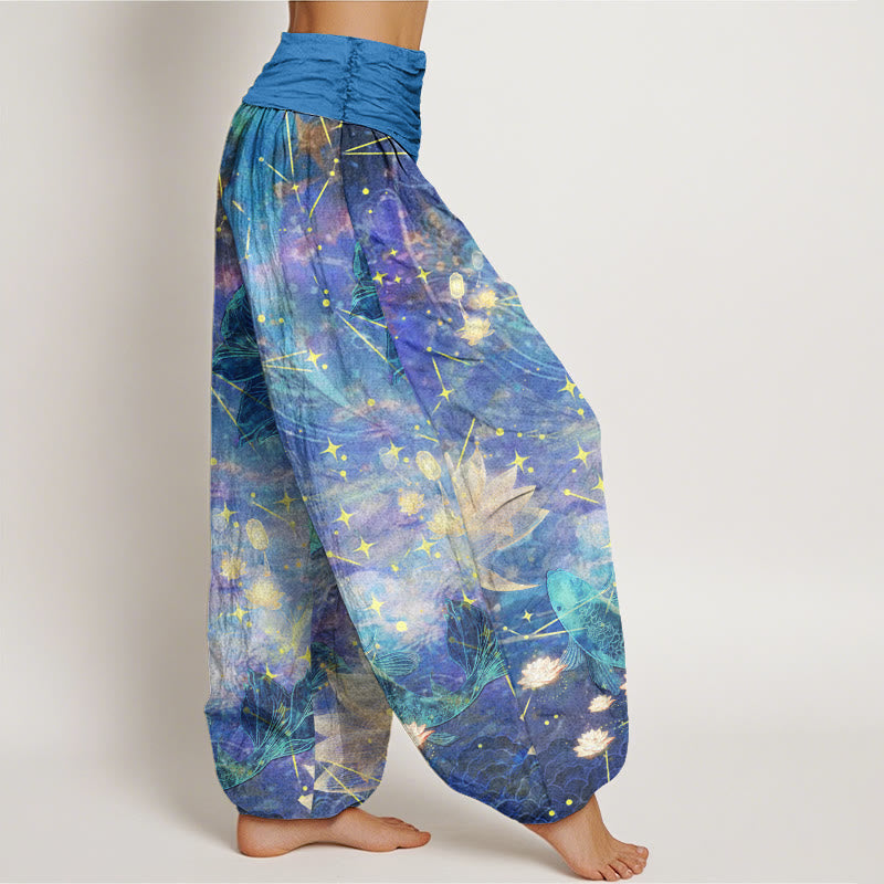 Pantaloni harem elastici in vita da donna con motivo Buddha Stones Koi Fish Lotus Moon Stars - image 2