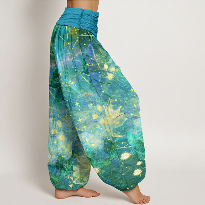 Pantaloni harem elastici in vita da donna con motivo Buddha Stones Koi Fish Lotus Moon Stars - image 9