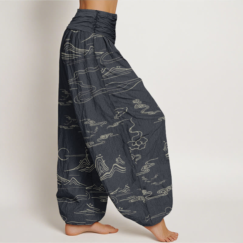 Pantaloni harem elastici in vita da donna con motivo a nuvole di buon auspicio Buddha Stones in montagna - image 2