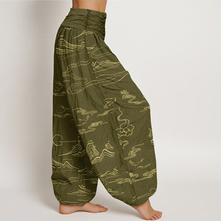 Pantaloni harem da donna con elastico in vita, motivo Buddha Stones Cotton Mountain Moon e nuvole di buon auspicio - image 5