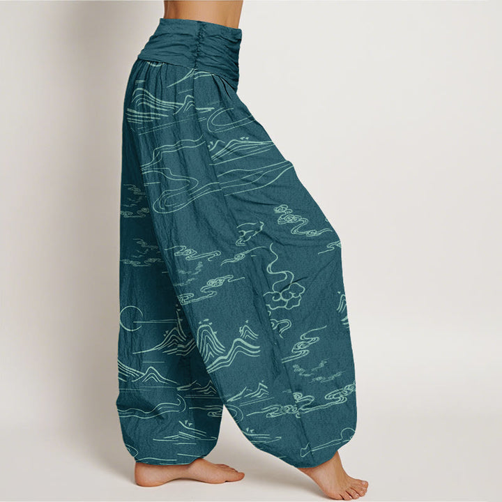 Pantaloni harem elastici in vita da donna con motivo a nuvole di buon auspicio Buddha Stones in montagna - image 9