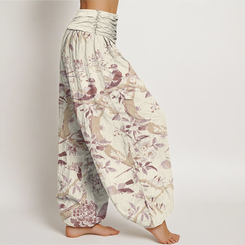 Pantaloni harem elastici in vita da donna con motivo Buddha Stones Birds Rami Flowers - image 6