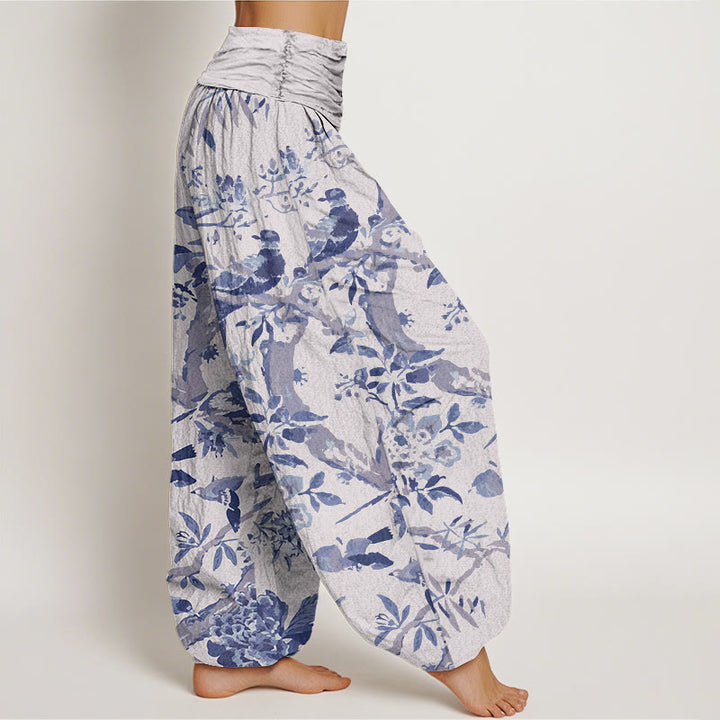 Pantaloni harem elastici in vita da donna con motivo Buddha Stones Birds Rami Flowers - image 9