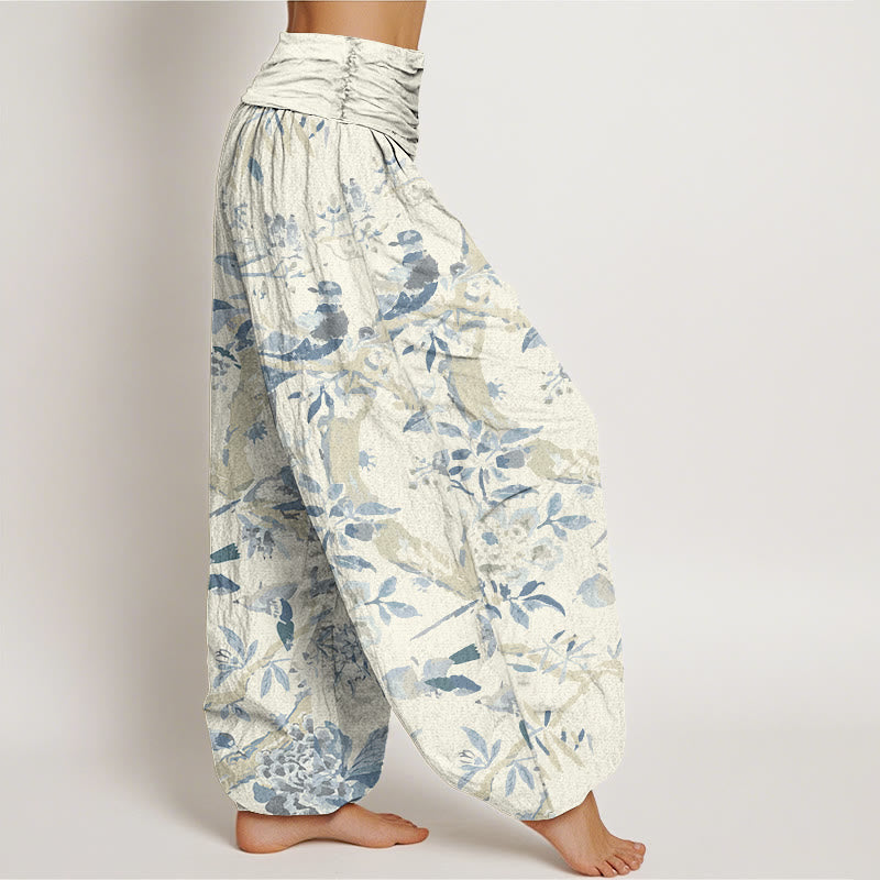 Pantaloni harem elastici in vita da donna con motivo Buddha Stones Birds Rami Flowers - image 2