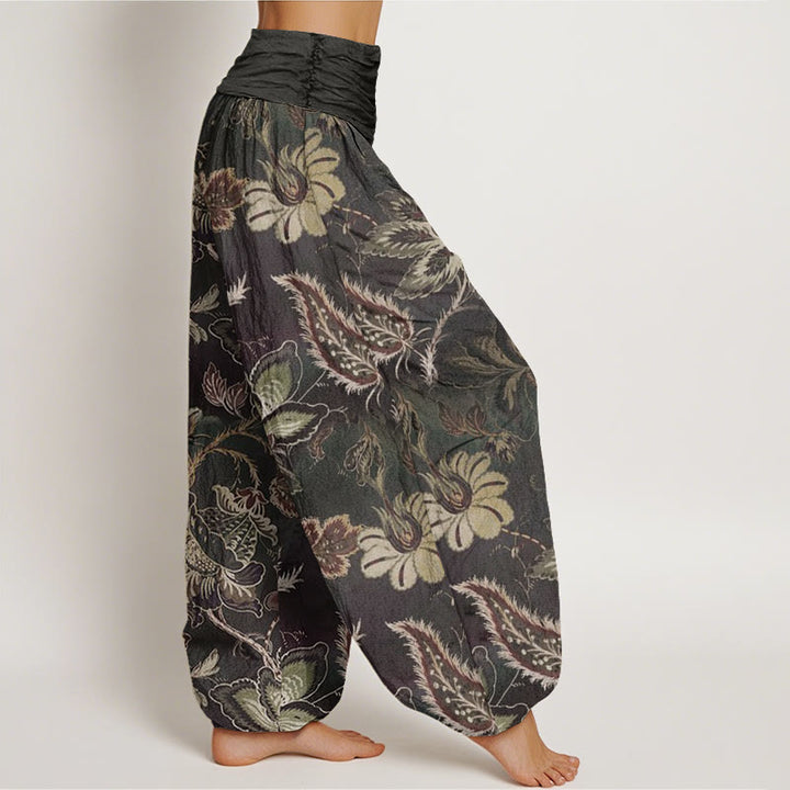Pantaloni harem da donna con elastico in vita, in cotone, casual, con motivo floreale e foglie, motivo Buddha Stones - image 1