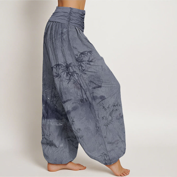 Pantaloni harem elastici in vita da donna, con pittura a inchiostro, in bambù e pietre Buddha Stones - image 1