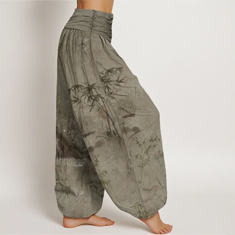 Pantaloni harem elastici in vita da donna, con pittura a inchiostro, in bambù e pietre Buddha Stones - image 6