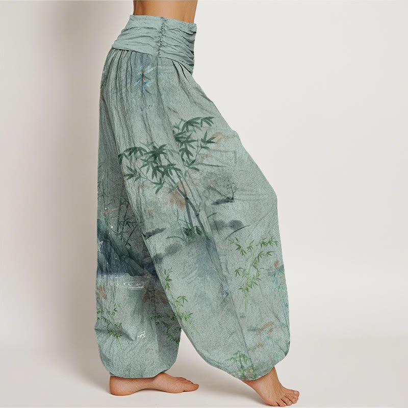 Pantaloni harem elastici in vita da donna, con pittura a inchiostro, in bambù e pietre Buddha Stones - image 9