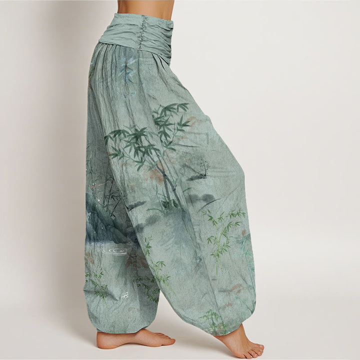 Pantaloni harem da donna con elastico in vita, in cotone, casual, in bambù, con pittura a inchiostro e pietre Buddha Stones - image 8