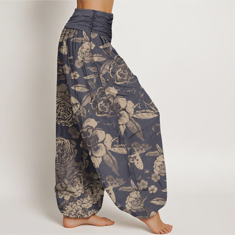 Pantaloni harem elastici in vita da donna Buddha Stones, fiori di peonia casual e foglie - image 2