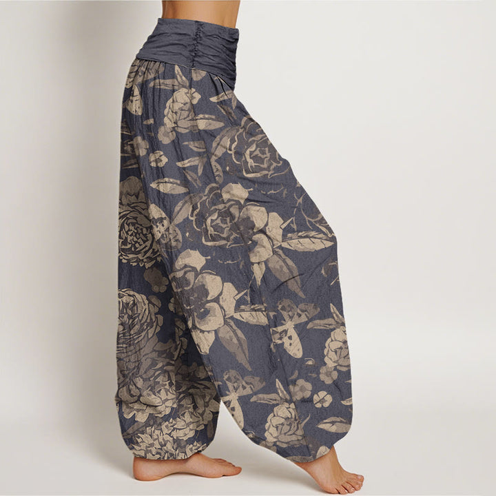 Pantaloni harem elastici in vita da donna Buddha Stones, fiori di peonia casual e foglie - image 2