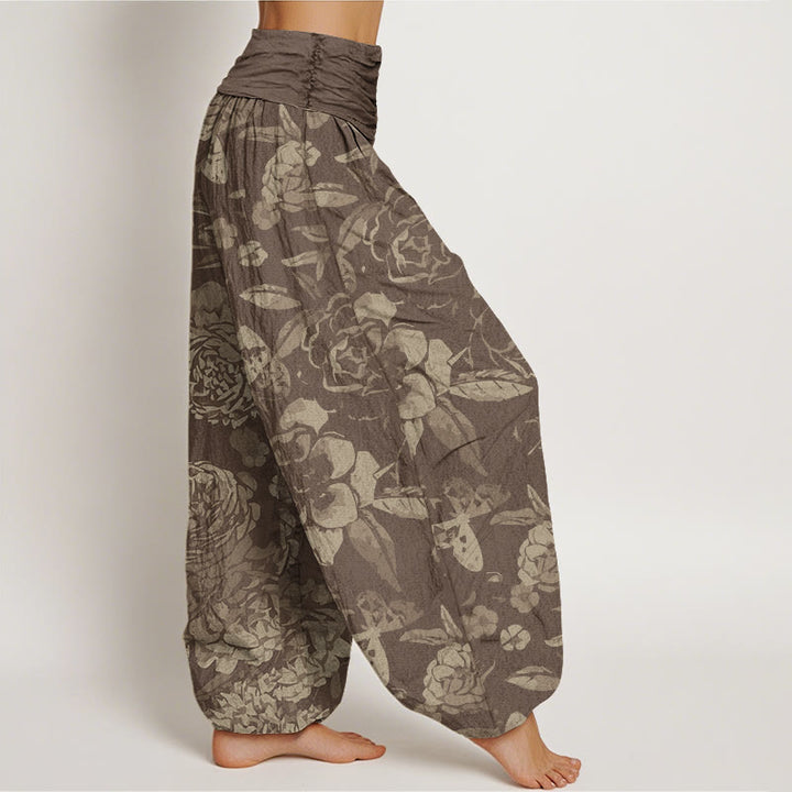Pantaloni harem elastici in vita da donna Buddha Stones, fiori di peonia casual e foglie - image 6