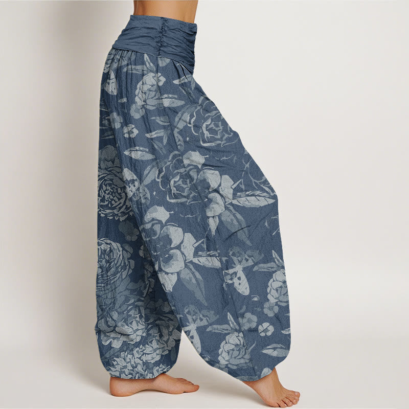 Pantaloni harem elastici in vita da donna Buddha Stones, fiori di peonia casual e foglie - image 9