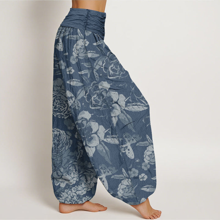 Pantaloni harem elastici in vita da donna Buddha Stones, fiori di peonia casual e foglie - image 9