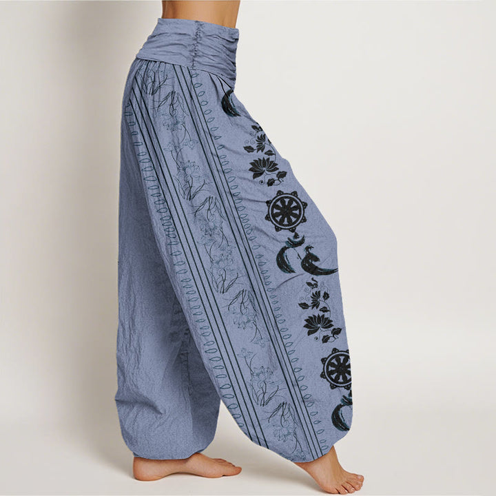 Pantaloni harem da donna con elastico in vita, motivo Buddha Stones in cotone con ruota del Dharma e motivo Lotus OM - image 1