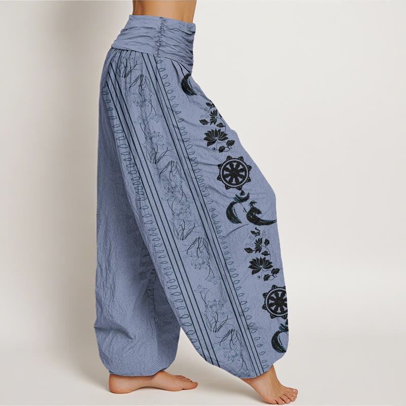 Pantaloni harem elastici in vita da donna con motivo Buddha Stones Dharma Wheel Lotus OM - image 2