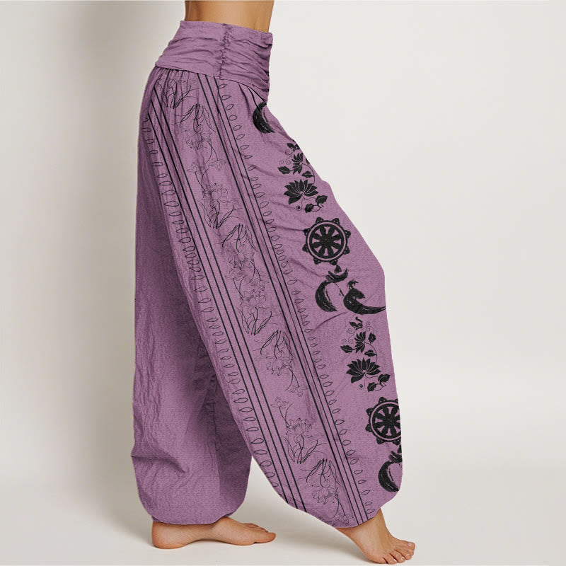 Pantaloni harem da donna con elastico in vita, motivo Buddha Stones in cotone con ruota del Dharma e motivo Lotus OM - image 6