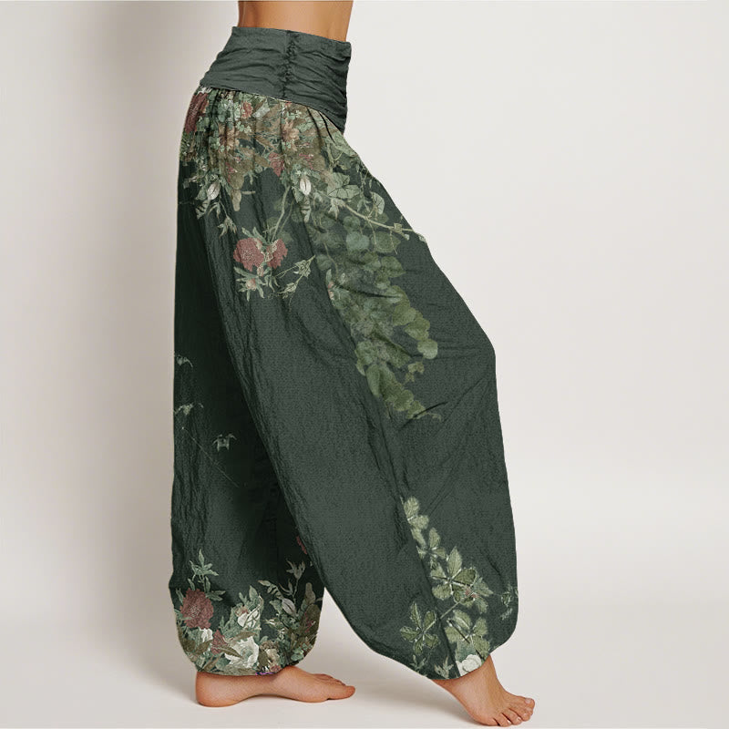 Pantaloni harem elastici in vita da donna con motivo a vite con peonia rossa casual Buddha Stones - image 6