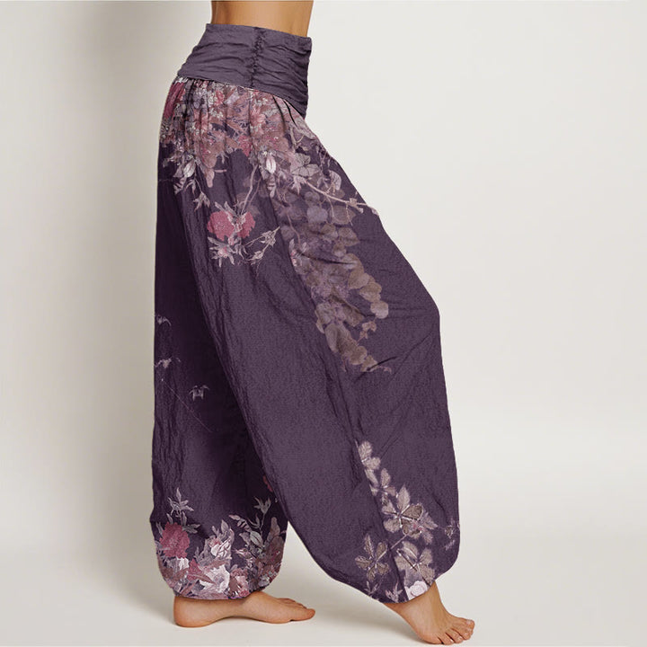 Pantaloni harem elastici in vita da donna con motivo a vite con peonia rossa casual Buddha Stones - image 9