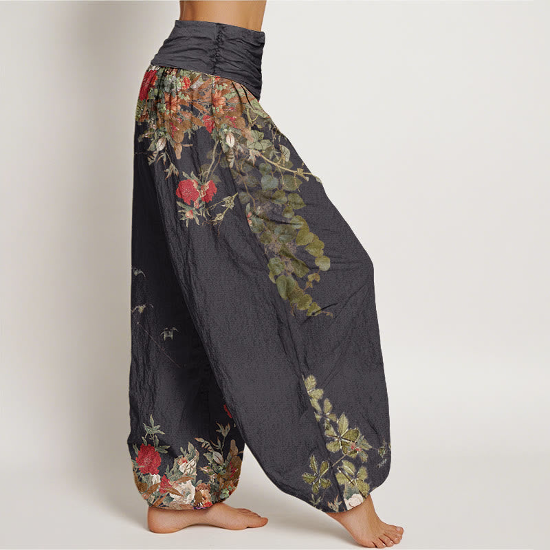 Pantaloni harem da donna con elastico in vita, in cotone, casual, con motivo a peonie rosse e pietre Buddha Stones - image 1