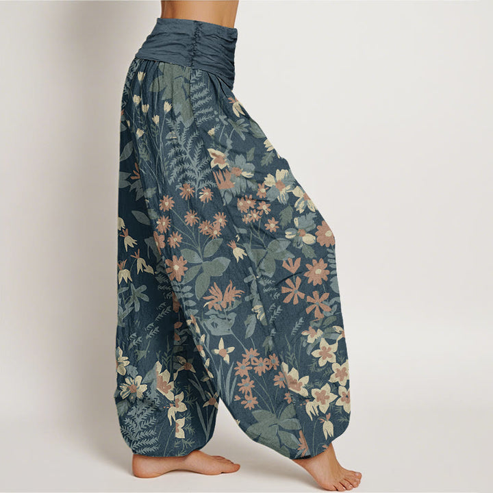 Pantaloni harem da donna con elastico in vita, in cotone, casual, con margherite, fiori e foglie, motivo Buddha Stones - image 1