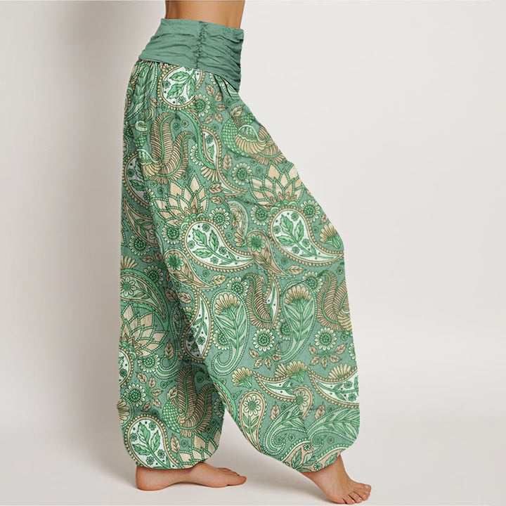 Pantaloni harem elastici in vita da donna con motivo a fiori di anacardi e girasoli, motivo Buddha Stones - image 5