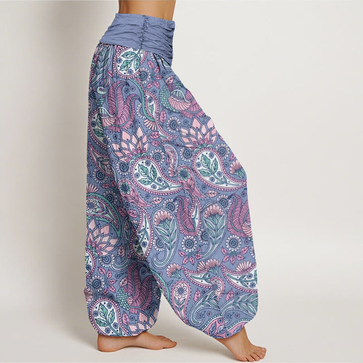 Pantaloni harem elastici in vita da donna con motivo a fiori di anacardi e girasoli, motivo Buddha Stones - image 9