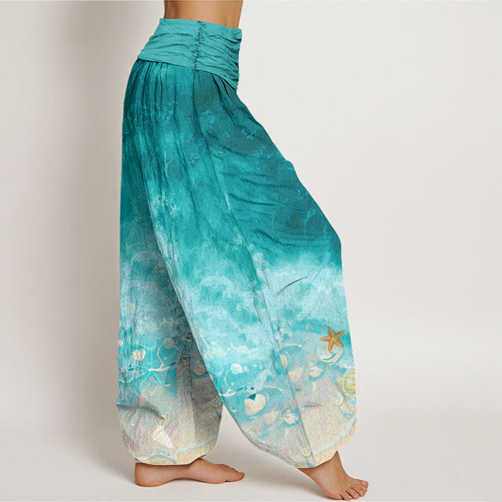 Pantaloni harem da donna con elastico in vita e motivo Buddha Stones in cotone con motivo Vast Ocean - image 1
