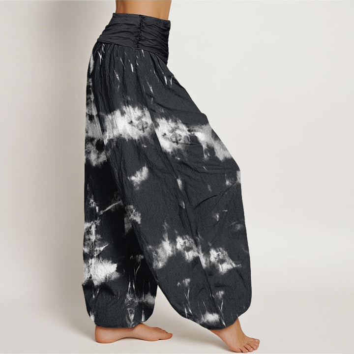 Pantaloni harem da donna con elastico in vita, motivo tie-dye, in cotone con linee bianche e pois, motivo Buddha Stones - image 1
