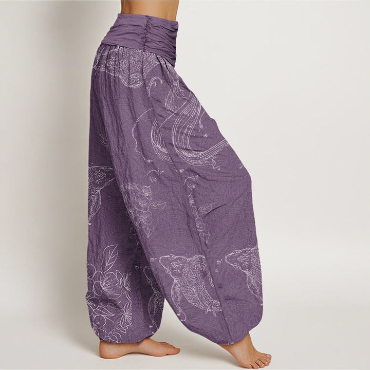 Pantaloni harem da donna con elastico in vita e motivo floreale in cotone con pesci koi Buddha Stones - image 5