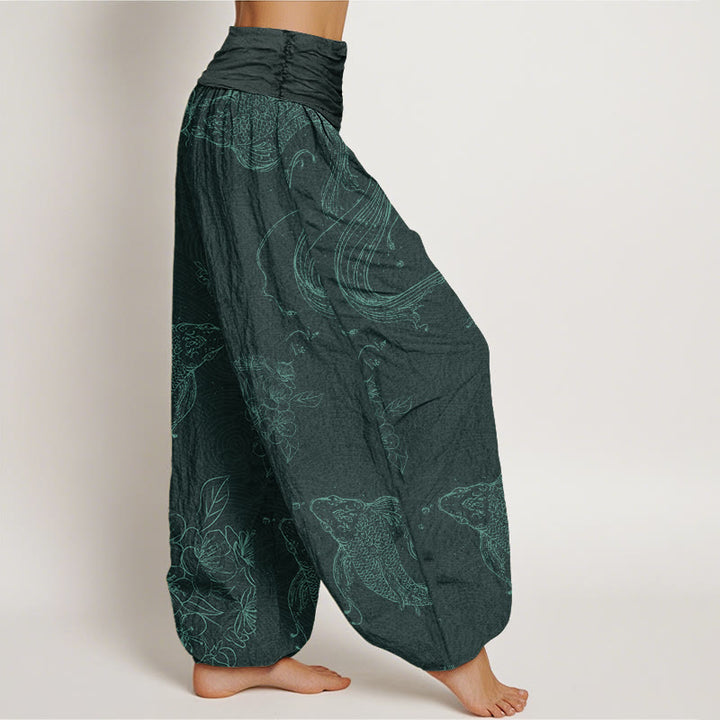 Pantaloni harem da donna con elastico in vita e motivo floreale in cotone con pesci koi Buddha Stones - image 6