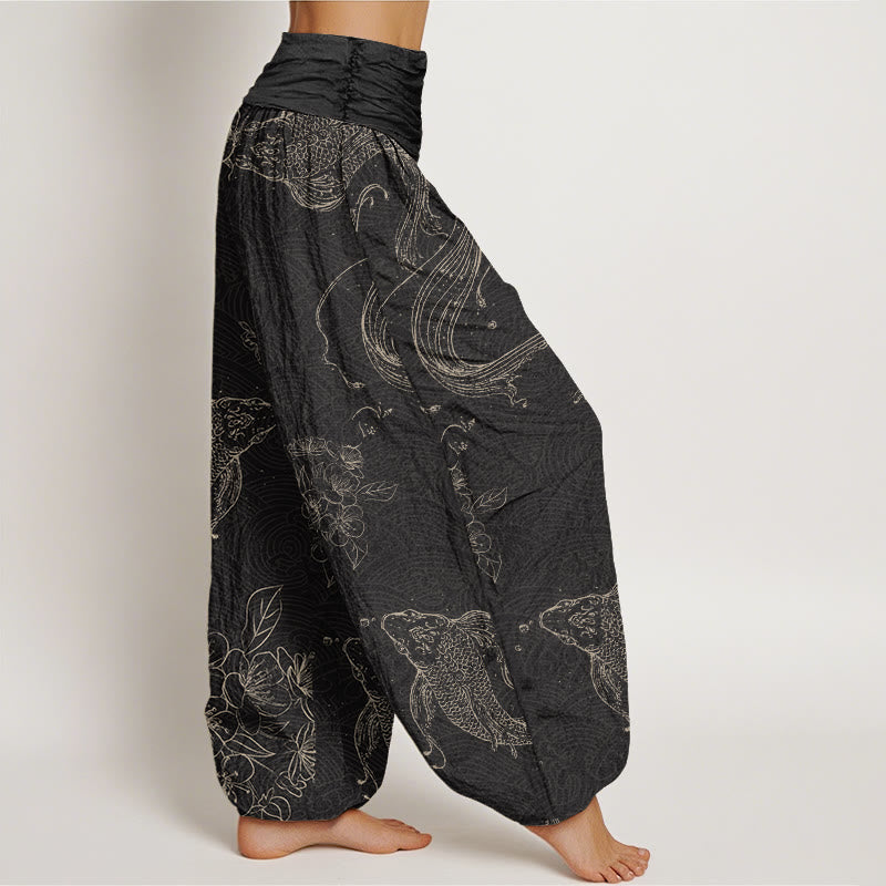 Pantaloni harem da donna con elastico in vita e motivo floreale in cotone con pesci koi Buddha Stones - image 1