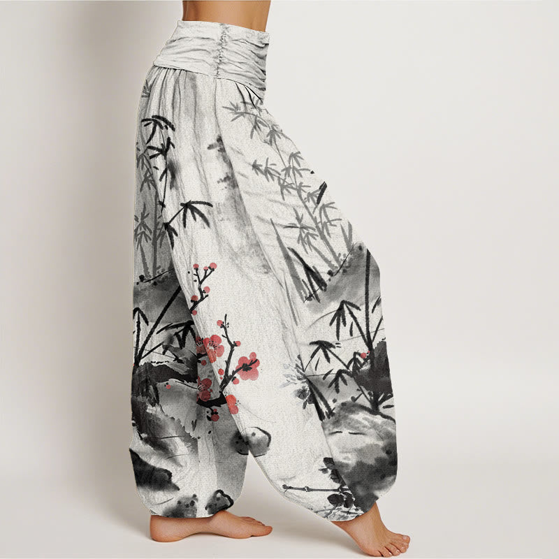 Pantaloni harem elastici in vita da donna con motivo Buddha Stones Plum Blossoms Bamboo Orchids Chrysanthemums - image 2