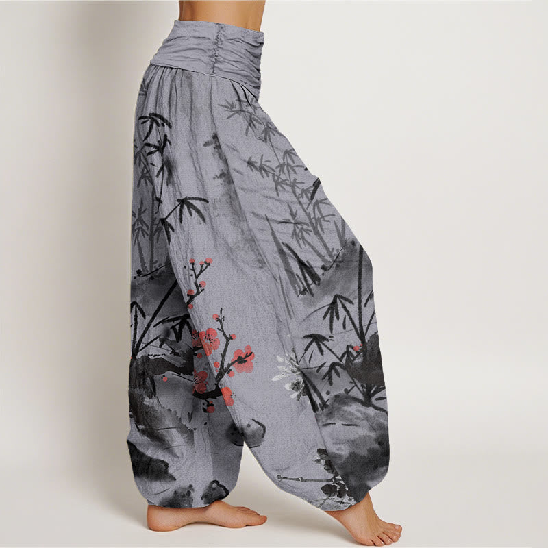 Pantaloni harem elastici in vita da donna con motivo Buddha Stones Plum Blossoms Bamboo Orchids Chrysanthemums - image 9