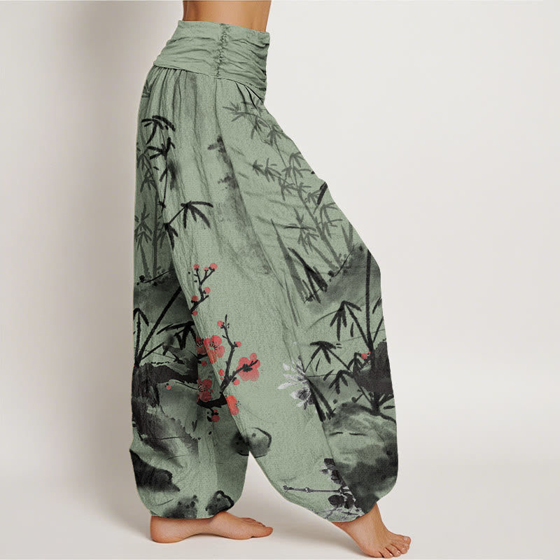 Pantaloni harem elastici in vita da donna con motivo Buddha Stones Plum Blossoms Bamboo Orchids Chrysanthemums - image 6