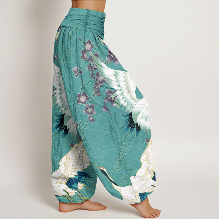 Pantaloni harem elastici in vita da donna con motivo Buddha Stones Cranes Flowers Auspicious Clouds - image 9