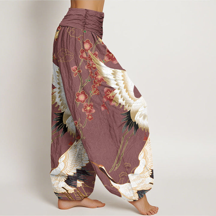Pantaloni harem da donna con elastico in vita, motivo Buddha Stones Cotton Cranes Flowers e nuvole di buon auspicio - image 5