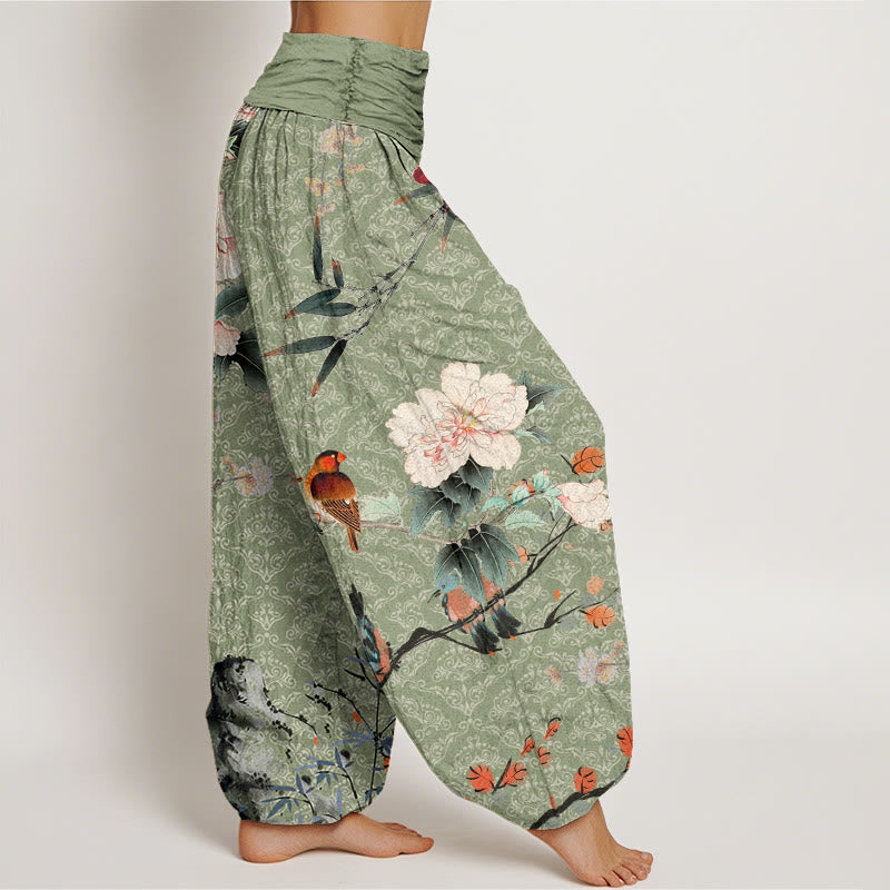 Pantaloni harem da donna con elastico in vita, motivo mandala, in cotone con uccellino silviano, rami di fiori in fiore e pietre Buddha Stones - image 1