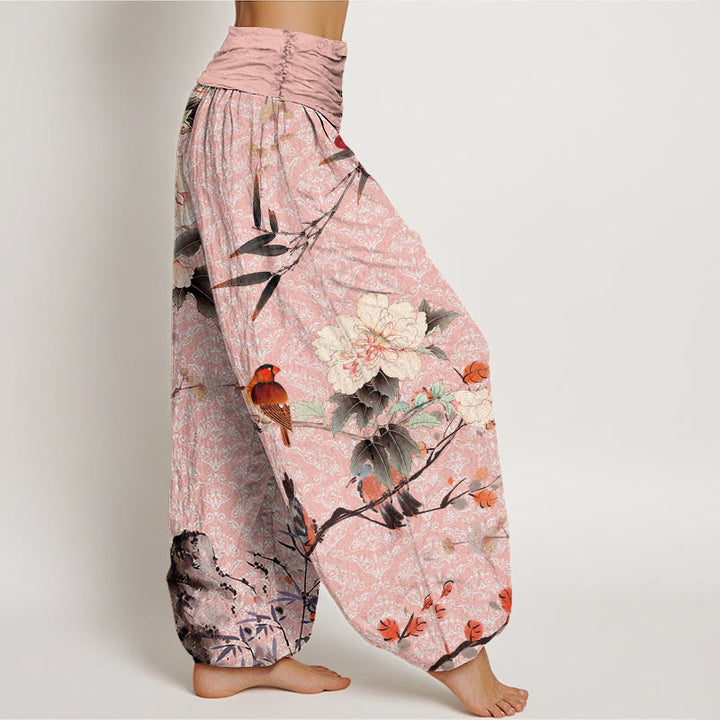 Pantaloni harem con elastico in vita da donna, motivo mandala, con Buddha Stones , uccello parula, fiori che sbocciano, rami - image 9