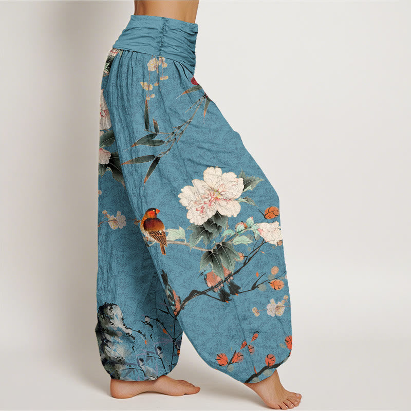 Pantaloni harem da donna con elastico in vita, motivo mandala, in cotone con uccellino silviano, rami di fiori in fiore e pietre Buddha Stones - image 5