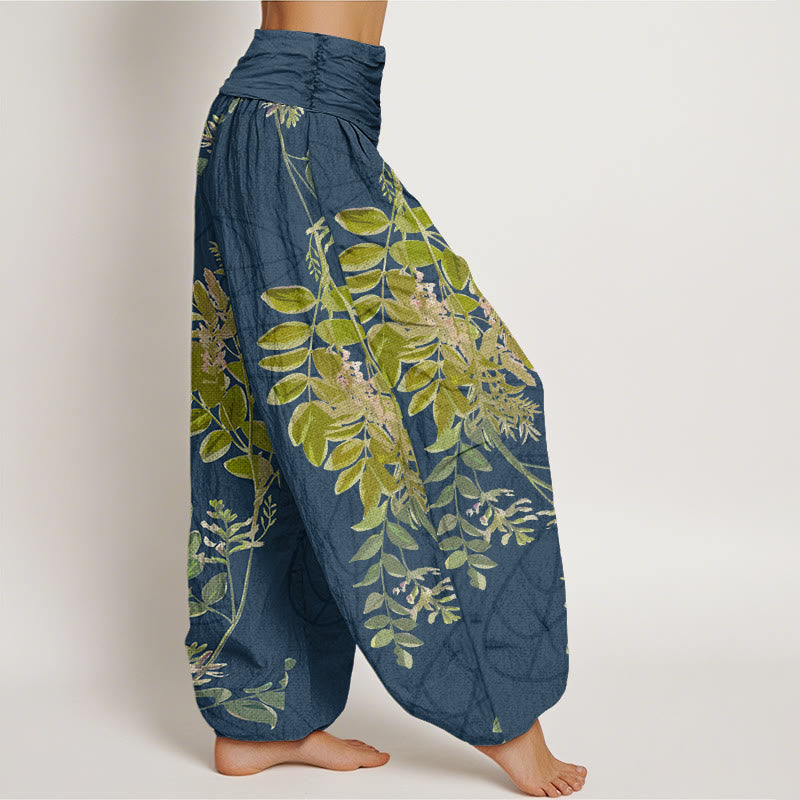 Pantaloni harem da donna con elastico in vita, in cotone, con foglie verdi e rami, motivo Buddha Stones - image 9