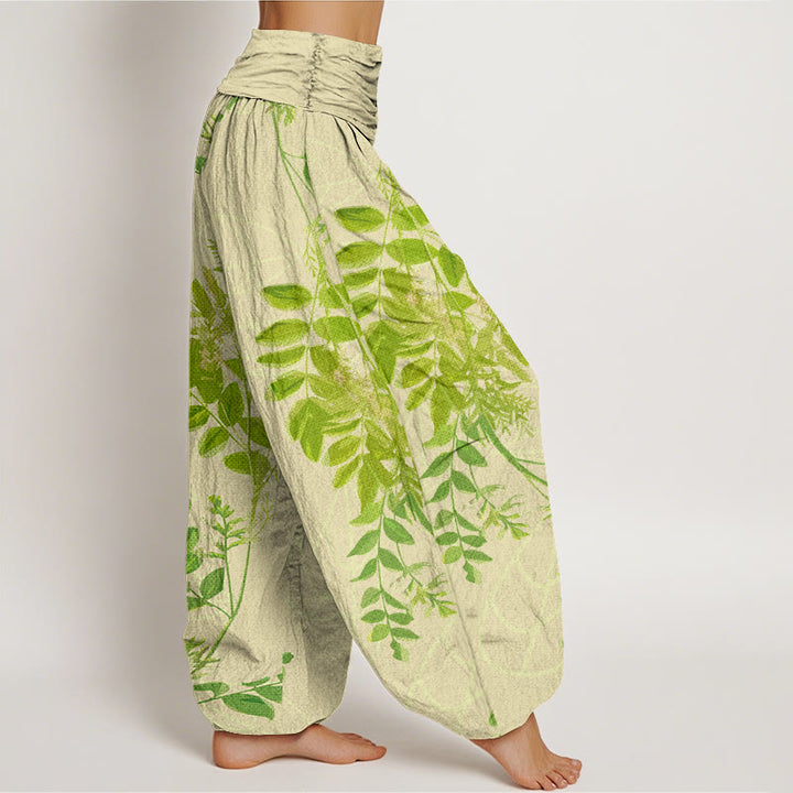 Pantaloni harem da donna con elastico in vita, in cotone, con foglie verdi e rami, motivo Buddha Stones - image 2