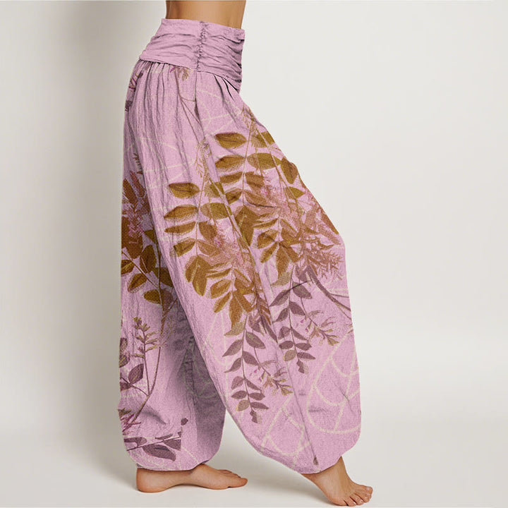 Pantaloni harem da donna con elastico in vita, in cotone, con foglie verdi e rami, motivo Buddha Stones - image 6