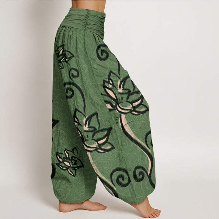 Pantaloni harem da donna con elastico in vita, in cotone, casual, motivo: Buddha Stones Lotus e nuvole di buon auspicio - image 2